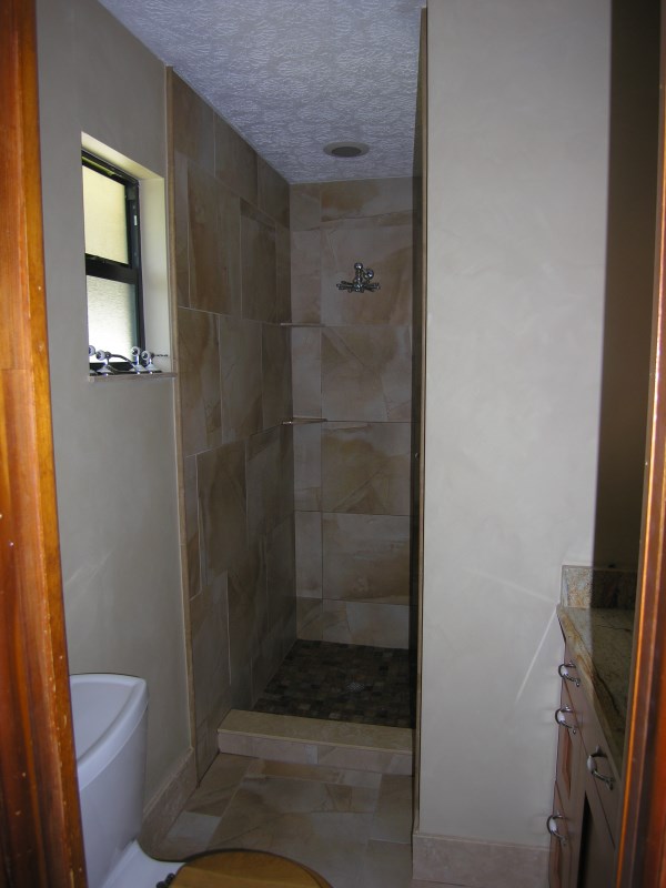  shower -Stone floor with Travertine Pencil Trim, Custom Stone Recessed